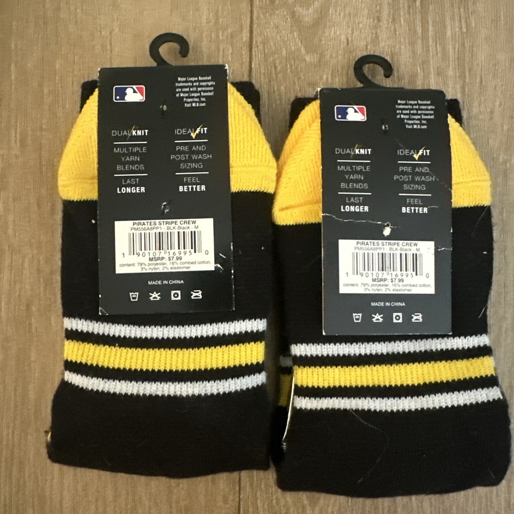 Pittsburgh Pirates Buccos MLB Crew Socks 2 Pr Athletic Fit Med Y1-6,W3-8 NEW - Picture 3 of 4